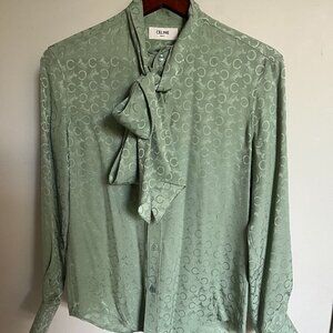 CELINE Silk Jacquard Tie Front Bow Blouse in Mint Size 34